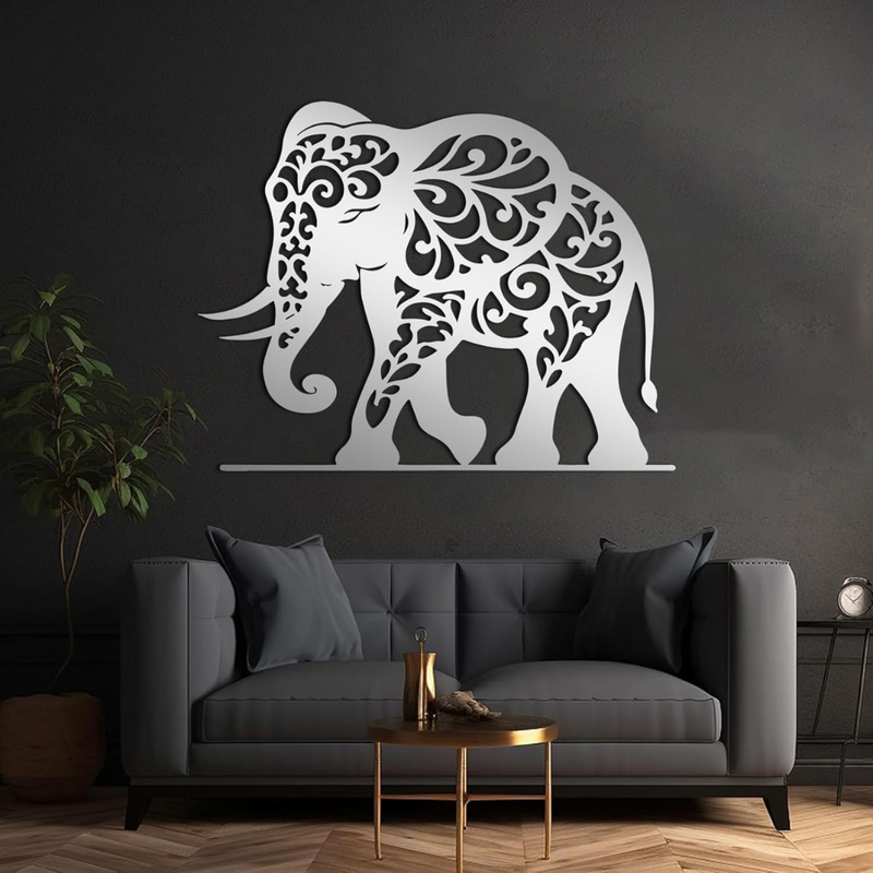 Arcdew Majestic Elephant Acrylic Wall Art | Ultra-Gloss Modern Home Decor - arcdew.com - Arcdew branded silver acrylic elephant wall art with intricate patterns on black wall.