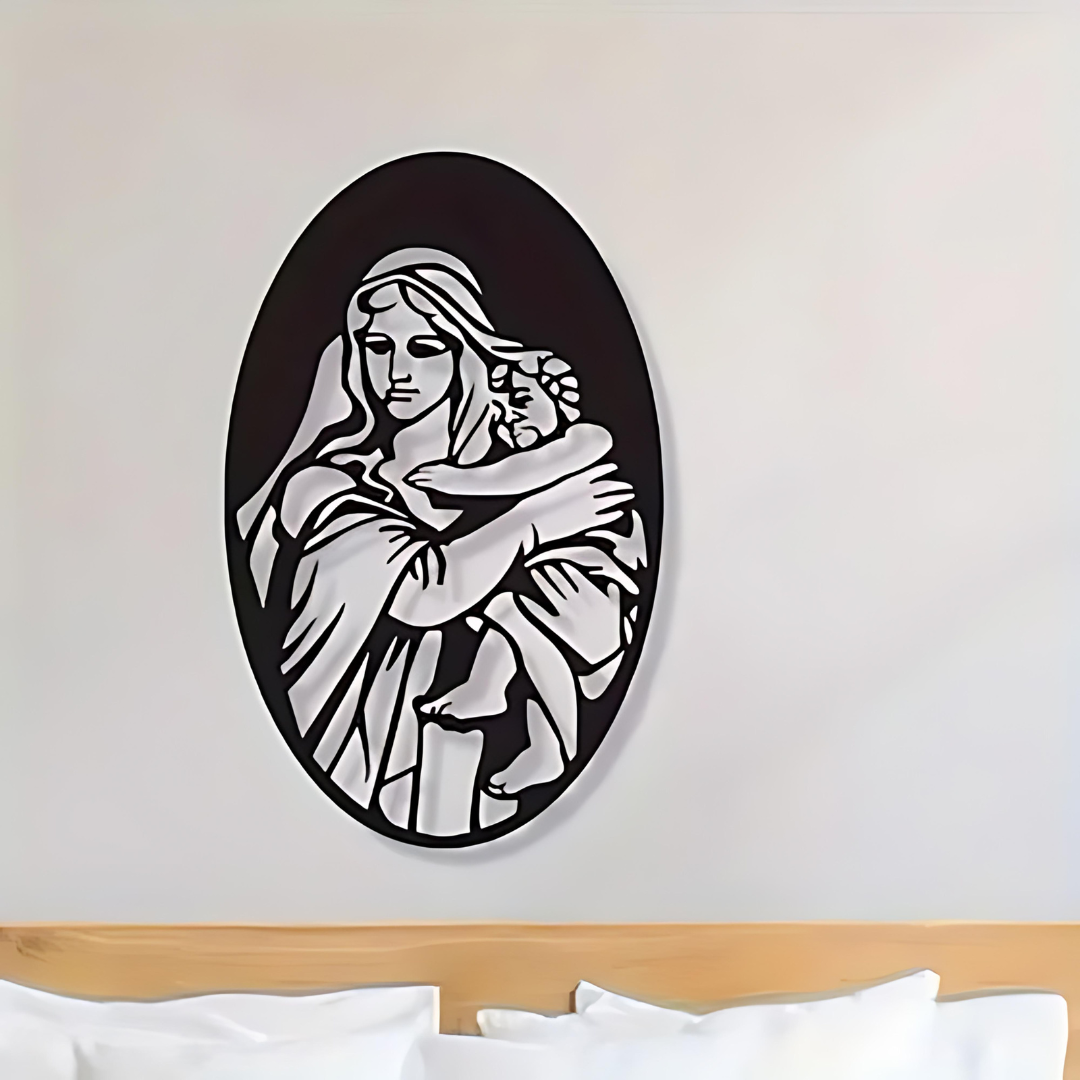 Arcdew Mary with Jesus Wall Décor UAE | Christian Christmas & Baptism Gift for Church & Home - arcdew.com - Arcdew branded special acrylic wall décor of Mary holding Jesus in black and white oval design.