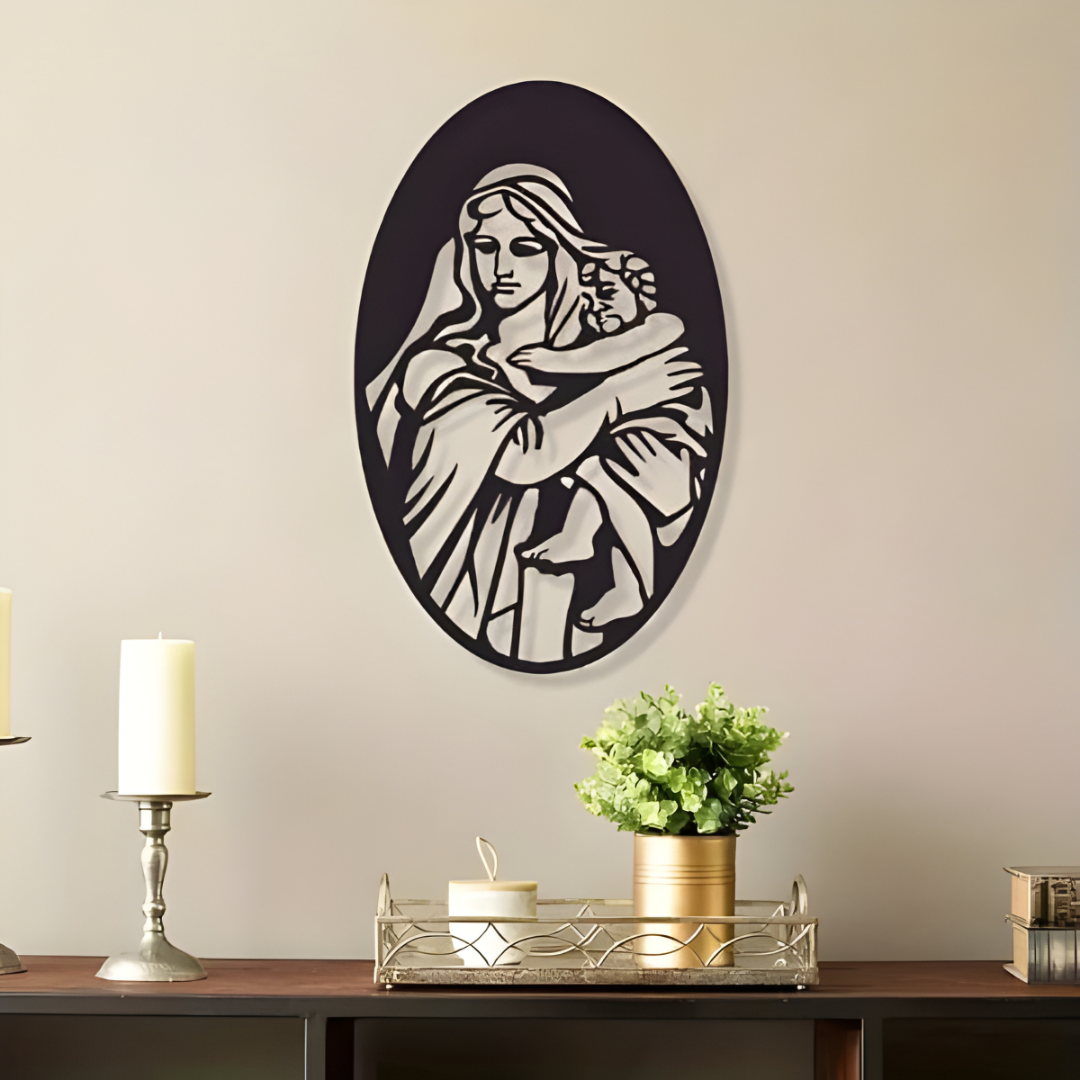 Arcdew Mary with Jesus Wall Décor UAE | Christian Christmas & Baptism Gift for Church & Home - arcdew.com - Arcdew special branded acrylic Mary with Jesus wall décor in black oval design.