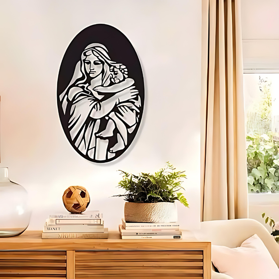 Arcdew Mary with Jesus Wall Décor UAE | Christian Christmas & Baptism Gift for Church & Home - arcdew.com - Arcdew special branded acrylic wall décor of Mary holding Jesus in black oval frame.