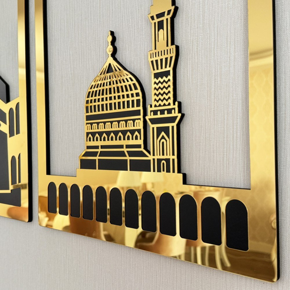 Arcdew Set of Masjid Al-Aqsa, Masjid Al-Haram & Masjid An-Nabawi | Acrylic Islamic Wall Art UAE Gold...