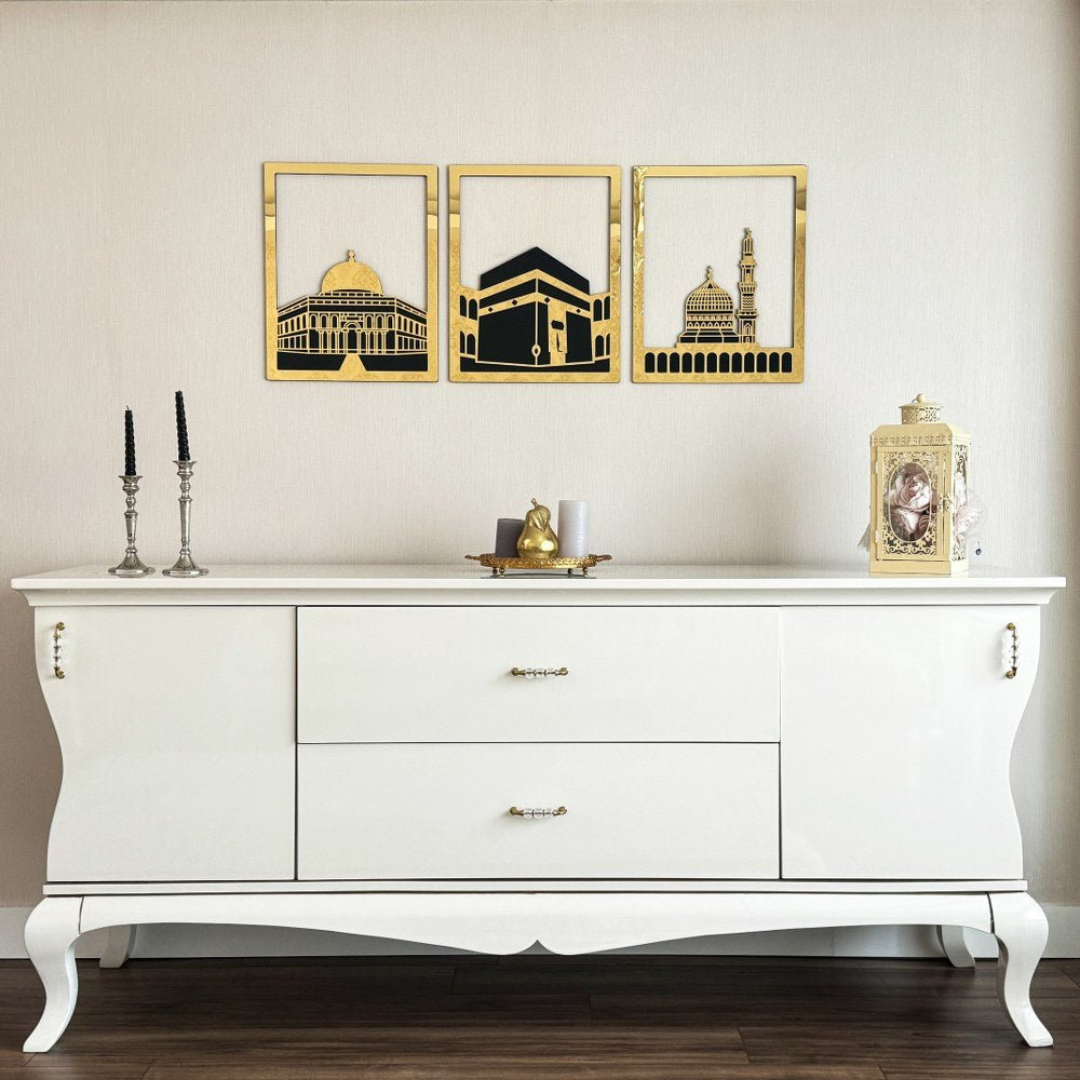 Arcdew Set of Masjid Al-Aqsa, Masjid Al-Haram & Masjid An-Nabawi | Acrylic Islamic Wall Art UAE Gold..