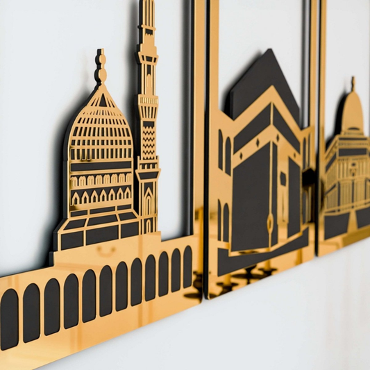 Arcdew Set of Masjid Al-Aqsa, Masjid Al-Haram & Masjid An-Nabawi | Acrylic Islamic Wall Art UAE Gold