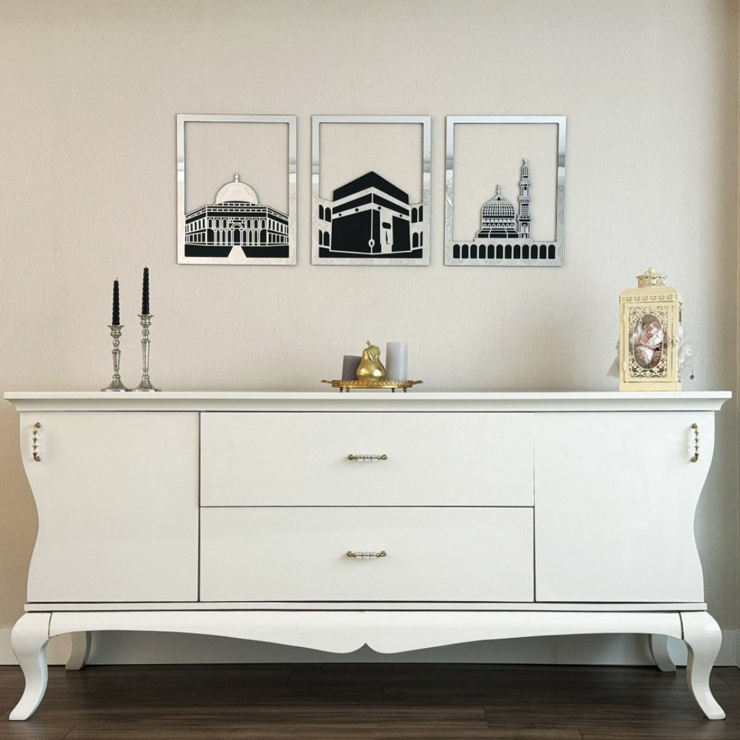 Arcdew Set of Masjid Al-Aqsa, Masjid Al-Haram & Masjid An-Nabawi | Acrylic Islamic Wall Art UAE silver