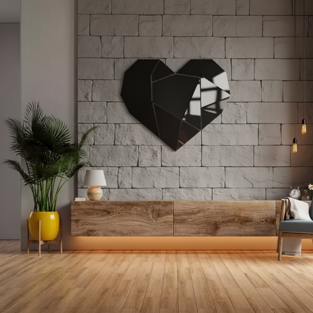 Arcdew Shiny Acrylic Heart Mirror Wall Stickers | Love Decor for UAE - arcdew.com - Black Arcdew acrylic heart mirror wall sticker with faceted design on textured stone wall.