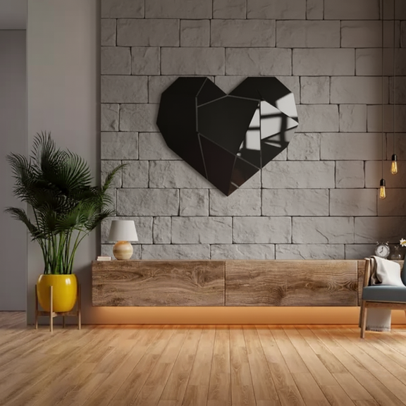 Arcdew Shiny Acrylic Heart Mirror Wall Stickers | Love Decor for UAE - arcdew.com - Black Arcdew acrylic heart mirror wall sticker with faceted design on textured stone wall.