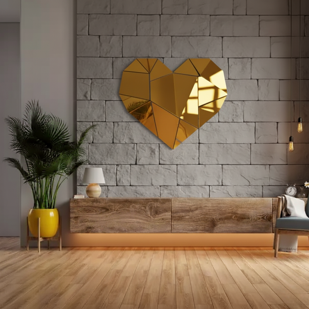 Arcdew Shiny Acrylic Heart Mirror Wall Stickers | Love Decor for UAE - arcdew.com - Arcdew special branded gold acrylic heart mirror wall sticker on textured white wall.