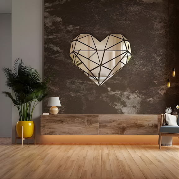 Arcdew Shiny Acrylic Heart Mirror Wall Stickers | Love Decor for UAE - arcdew.com - Arcdew branded special acrylic heart mirror wall sticker with geometric facets on dark textured wall.
