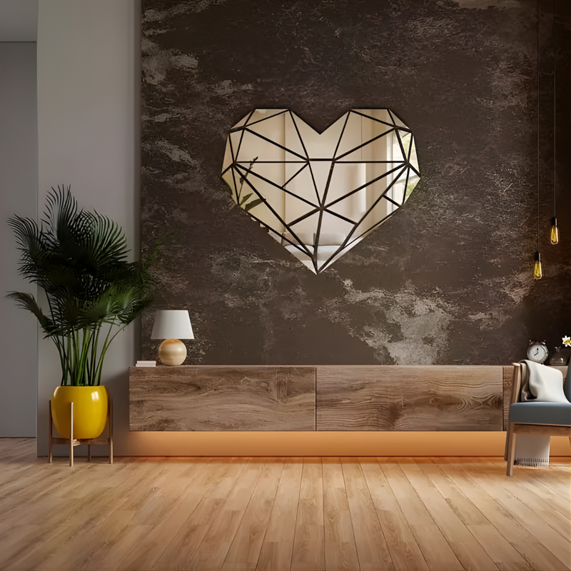 Arcdew Shiny Acrylic Heart Mirror Wall Stickers | Love Decor for UAE - arcdew.com - Arcdew branded special acrylic heart mirror wall sticker with geometric facets on dark textured wall.
