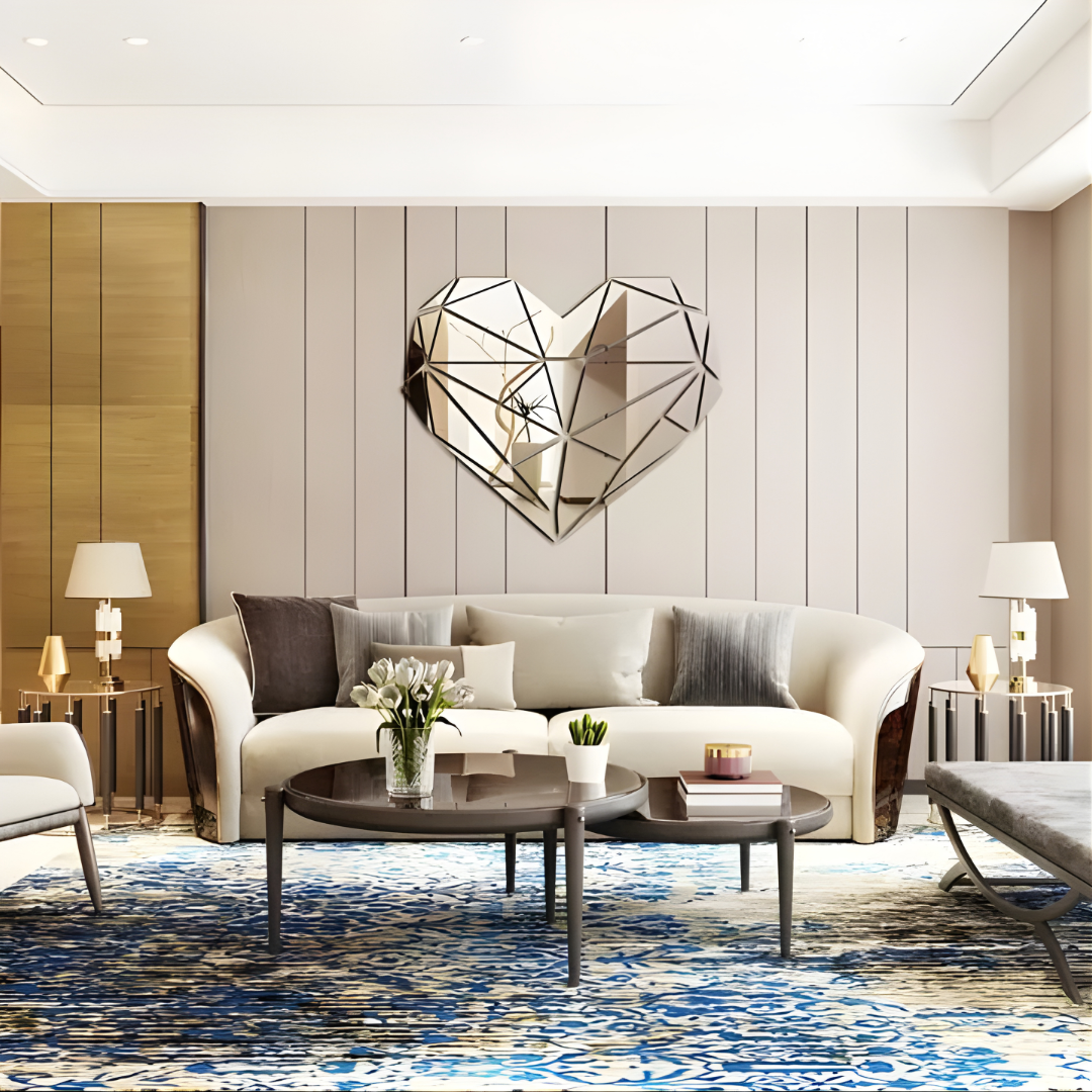Arcdew Shiny Acrylic Heart Mirror Wall Stickers | Love Decor for UAE - arcdew.com - Arcdew special branded acrylic silver geometric heart mirror wall sticker above sofa.