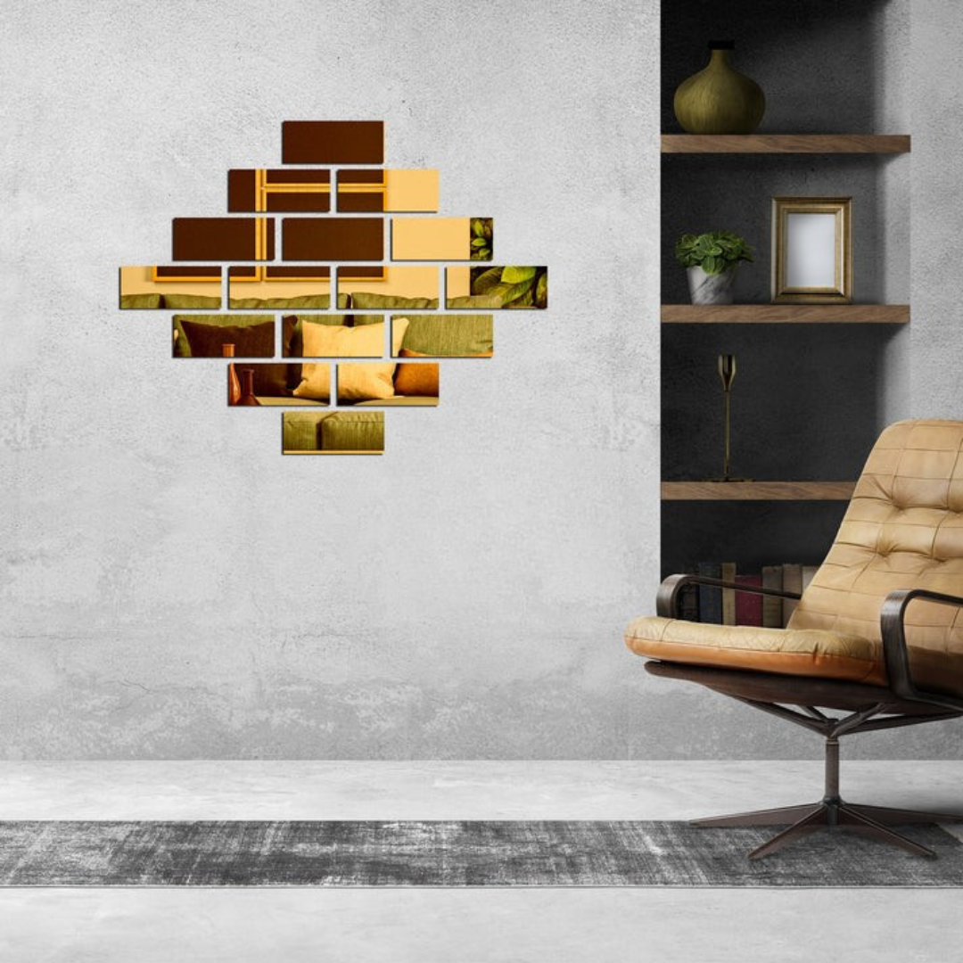 Arcdew Shiny Acrylic Rectangle Mirror Wall Stickers | Modern Decor for UAE - arcdew.com - Arcdew special branded golden acrylic rectangle mirror wall stickers arranged on gray wall.