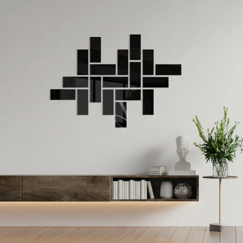 Arcdew Shiny Acrylic Rectangle Mirror Wall Stickers | Modern Decor for UAE - arcdew.com - Arcdew special branded black acrylic rectangle mirror wall stickers arranged on wall.