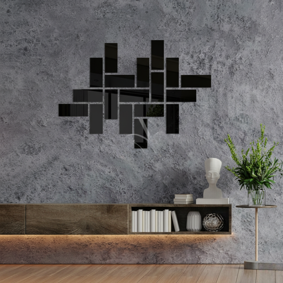 Arcdew Shiny Acrylic Rectangle Mirror Wall Stickers | Modern Decor for UAE - arcdew.com - Arcdew black acrylic rectangular mirror wall stickers arranged in modern abstract pattern.
