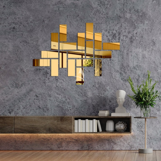 Arcdew Shiny Acrylic Rectangle Mirror Wall Stickers | Modern Decor for UAE - arcdew.com - Arcdew golden acrylic rectangle mirror wall stickers arranged in abstract pattern on gray wall.