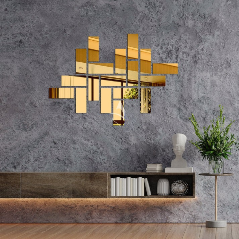 Arcdew Shiny Acrylic Rectangle Mirror Wall Stickers | Modern Decor for UAE - arcdew.com - Arcdew golden acrylic rectangle mirror wall stickers arranged in abstract pattern on gray wall.