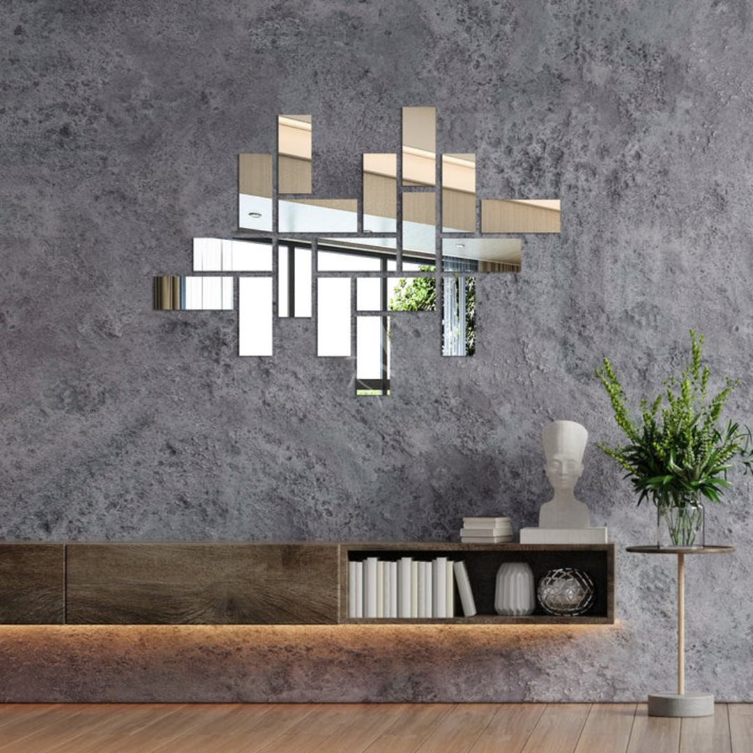 Arcdew Shiny Acrylic Rectangle Mirror Wall Stickers | Modern Decor for UAE - arcdew.com - Arcdew shiny silver acrylic rectangle mirror wall stickers arranged on textured gray wall.
