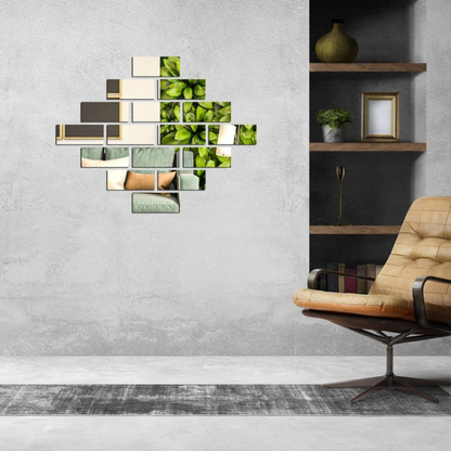 Arcdew Shiny Acrylic Rectangle Mirror Wall Stickers | Modern Decor for UAE - arcdew.com - Arcdew branded special acrylic silver rectangle mirror wall stickers arranged on gray wall.
