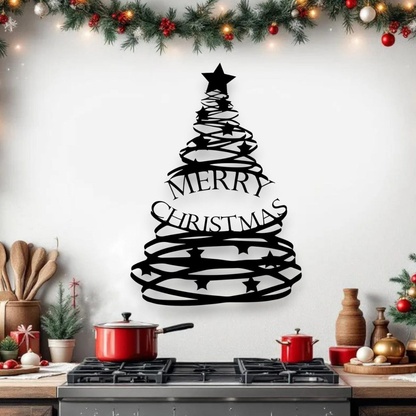 Decorative Christmas tree wall art with 'Merry Christmas' text in a kitchen setting.