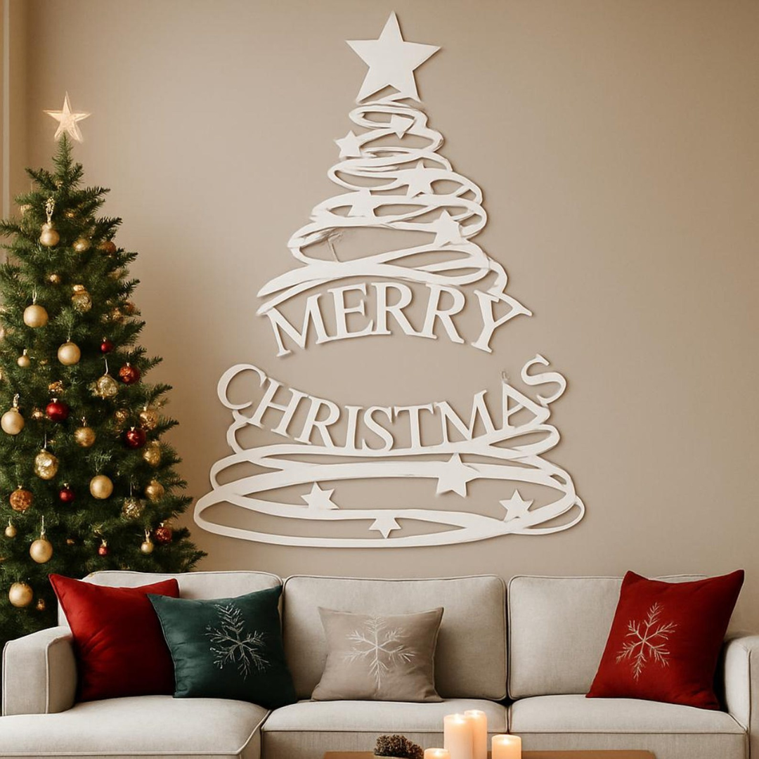 Decorative Christmas tree wall art with 'Merry Christmas' text in a living room setting.