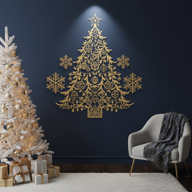 Arcdew's Acrylic Christmas Tree Silhouette Wall Art with Snowflakes Gold