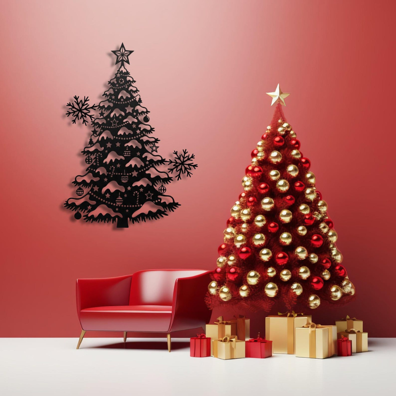 Decorative Christmas tree with red and gold ornaments on a red wall with a black metal tree decoration.