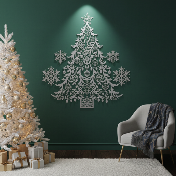 Arcdew's Acrylic Christmas Tree Silhouette Wall Art with Snowflakes silver