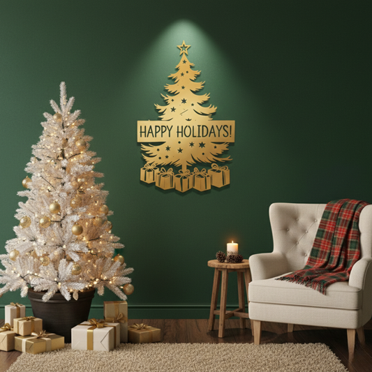 Decorated Christmas tree with 'Happy Holidays!' sign on a green wall, white armchair with plaid blanket, and small table with candle.