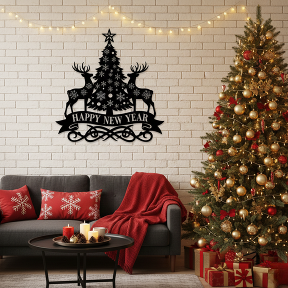 Arcdew's Acrylic Deer & Snowflake Christmas Tree "Happy New Year" Wall Art