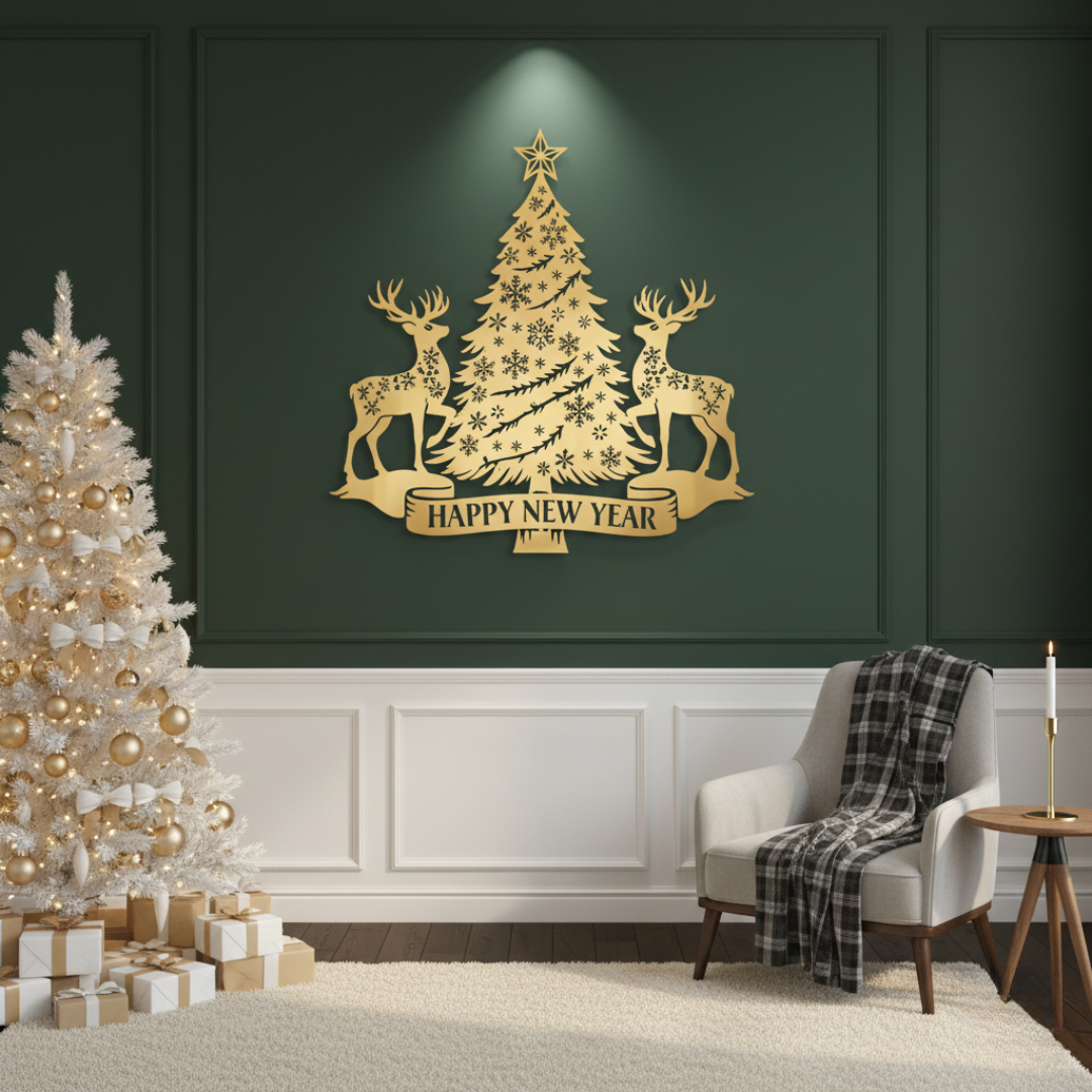 Decorative wall art with reindeer and a Christmas tree on a dark green wall, with a Christmas tree and presents in the foreground.