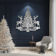 Decorative wall art with reindeer and a Christmas tree on a dark blue wall, with a Christmas tree and chair in the foreground.