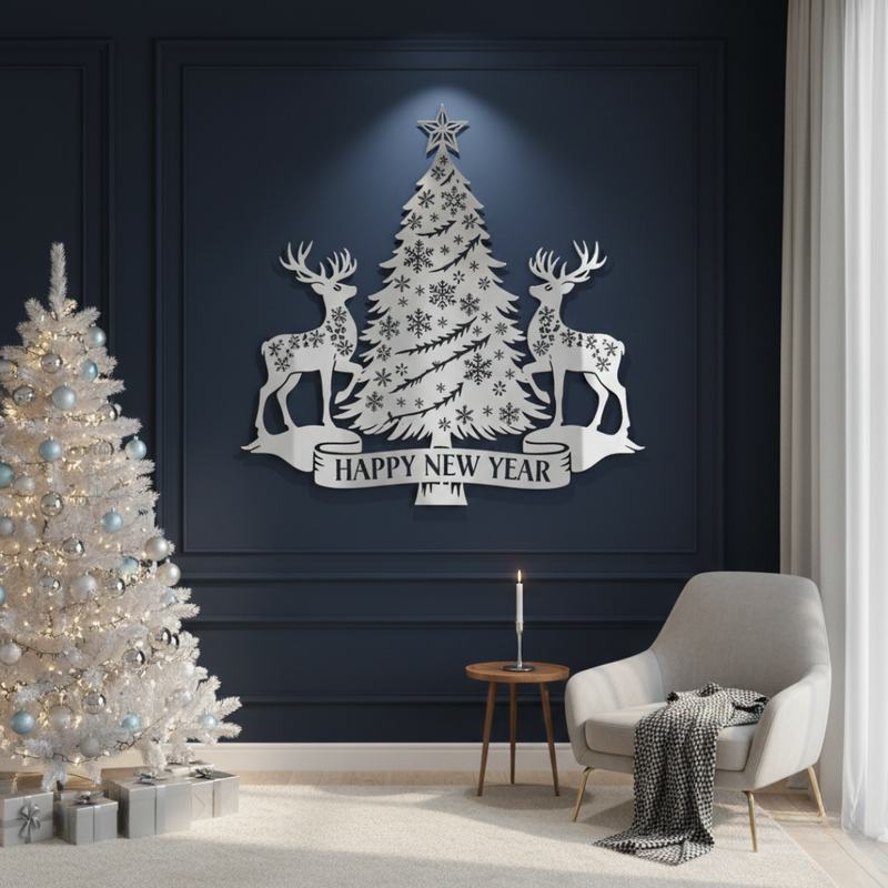Decorative wall art with reindeer and a Christmas tree on a dark blue wall, with a Christmas tree and chair in the foreground.