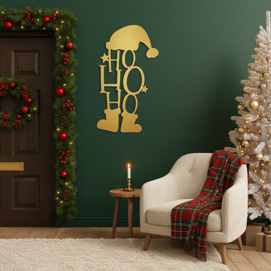 Decorative Christmas scene with 'HO HO HO' sign, tree, and chair with plaid blanket.
