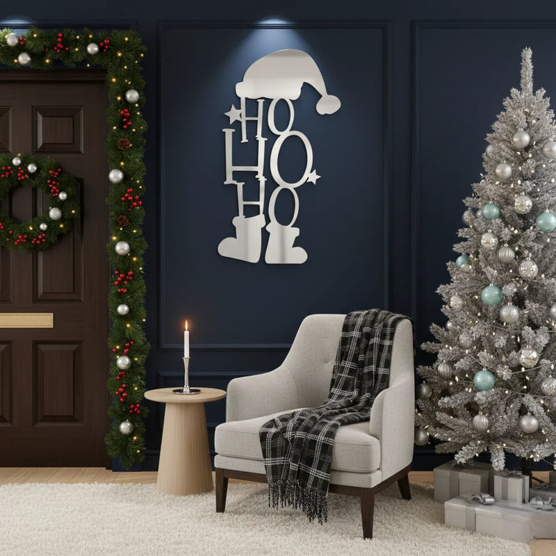 "HO HO HO" Santa Silhouette Wall Art Silver