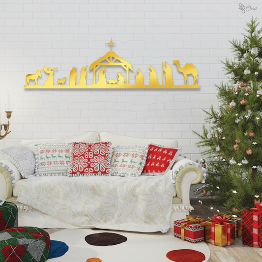 Decorative nativity scene wall art above a white sofa with Christmas tree and presents.