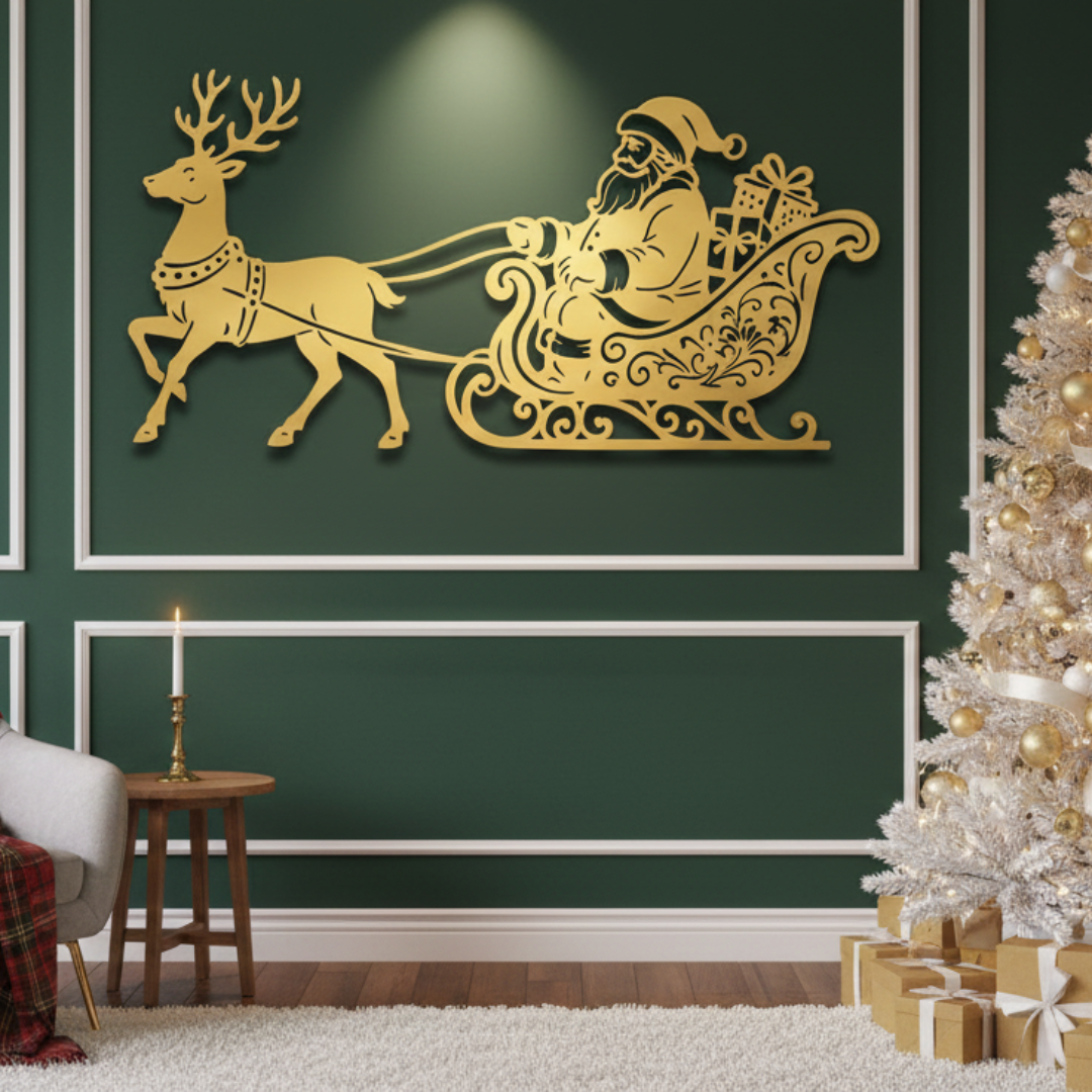 Arcdew's Acrylic Santa Claus and Reindeer Sleigh Silhouette Wall Art