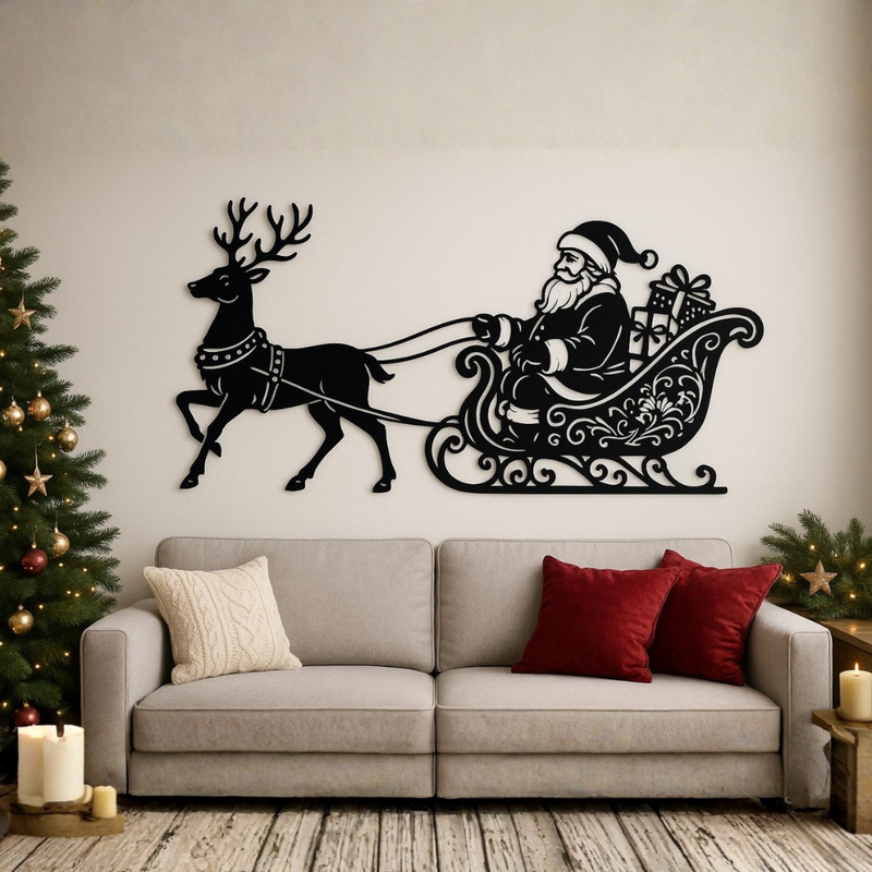Arcdew's Acrylic Santa Claus and Reindeer Sleigh Silhouette Wall Art black.