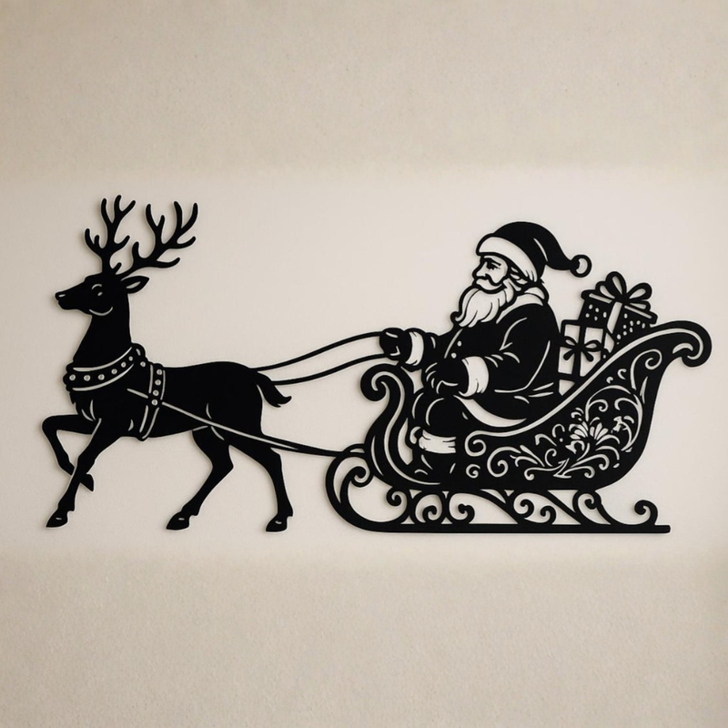 Arcdew's Acrylic Santa Claus and Reindeer Sleigh Silhouette Wall Art black