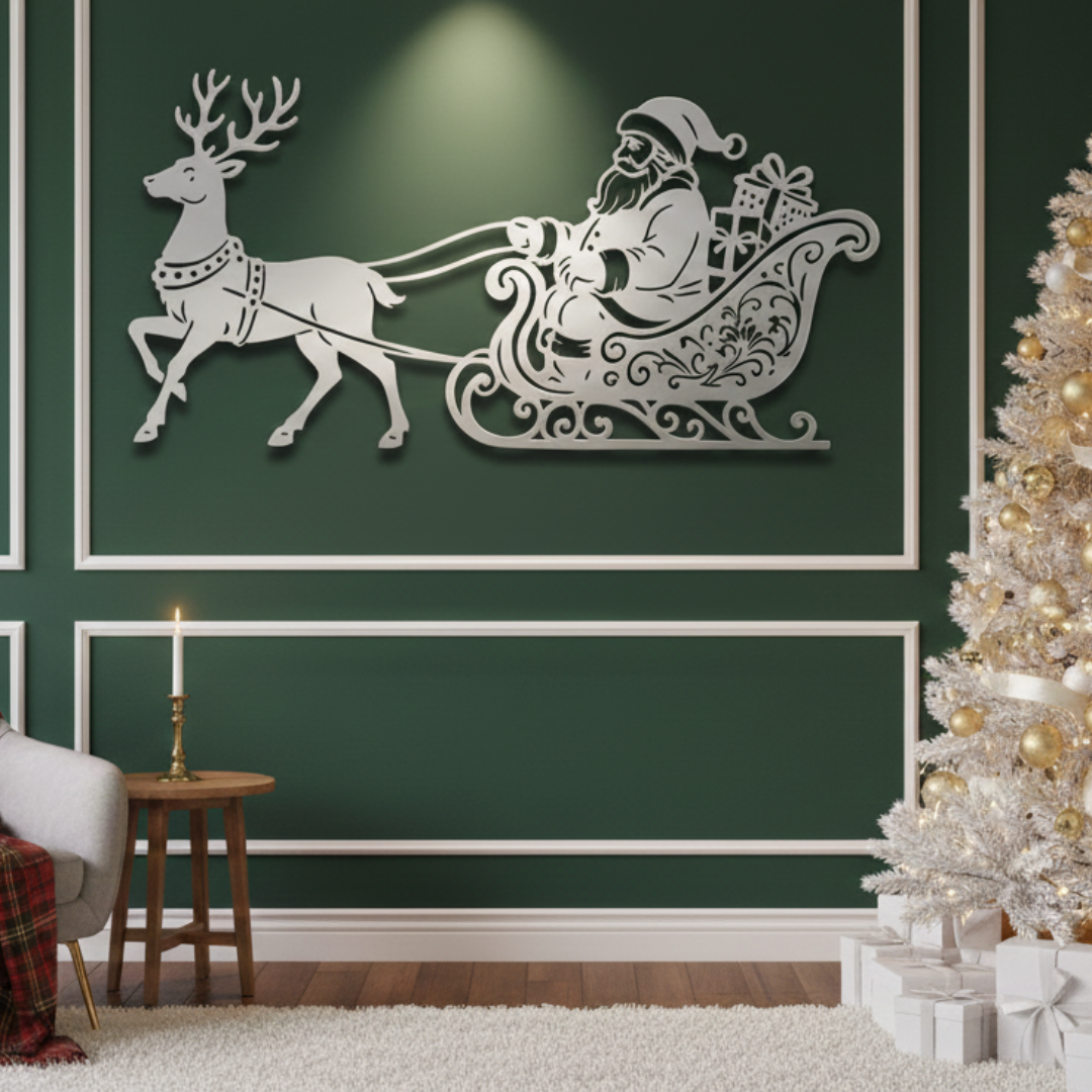 Arcdew's Acrylic Santa Claus and Reindeer Sleigh Silhouette Wall Art silver