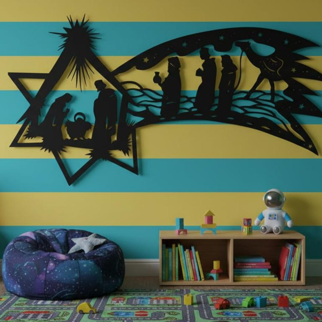 Decorative wall art of the nativity scene on a striped wall with a bean bag chair and toy shelf below.