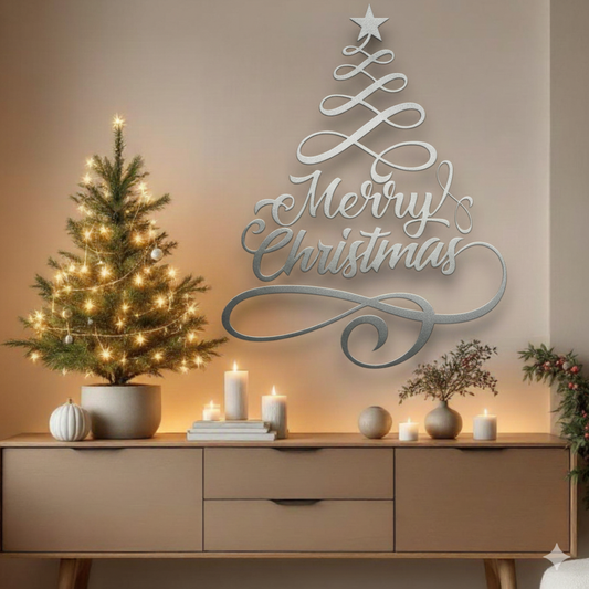Decorative Christmas scene with a small tree, candles, and a 'Merry Christmas' sign on a wall.