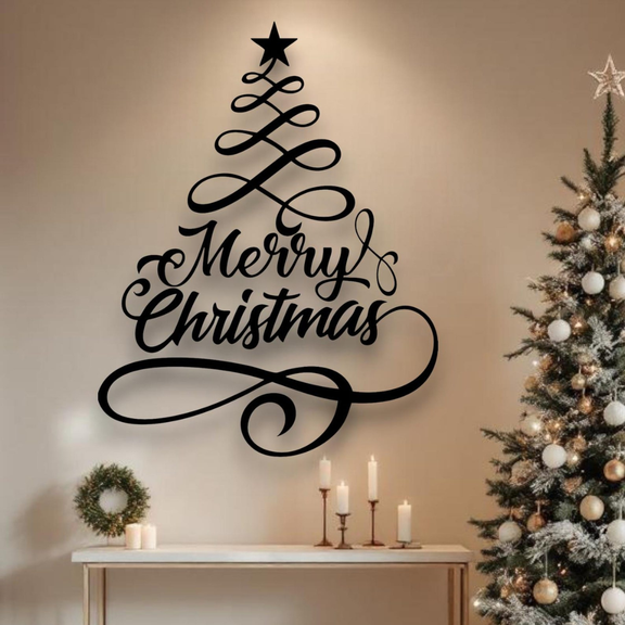 Decorative wall art with 'Merry Christmas' text in the shape of a Christmas tree, next to a decorated Christmas tree.