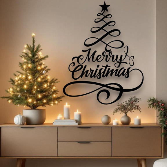 Decorative Christmas tree wall art with 'Merry Christmas' text on a beige wall above a wooden cabinet with candles and a small tree.