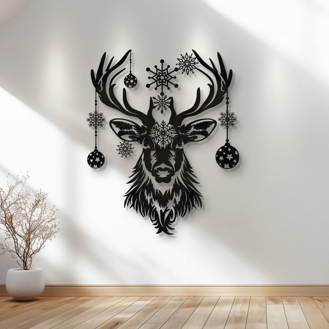 Arcdew's Majestic Acrylic Deer Head Wall Art with Snowflakes & Ornaments black