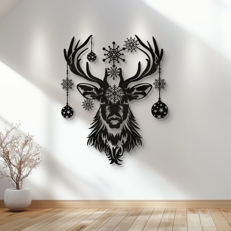 Arcdew's Majestic Acrylic Deer Head Wall Art with Snowflakes & Ornaments black