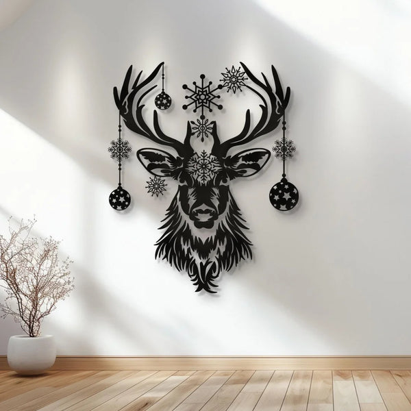 Majestic Acrylic Deer Head Wall Art with Snowflakes & Ornaments