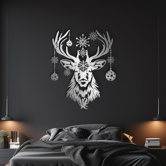 Decorative wall sticker of a deer head with antlers on a dark wall above a bed.