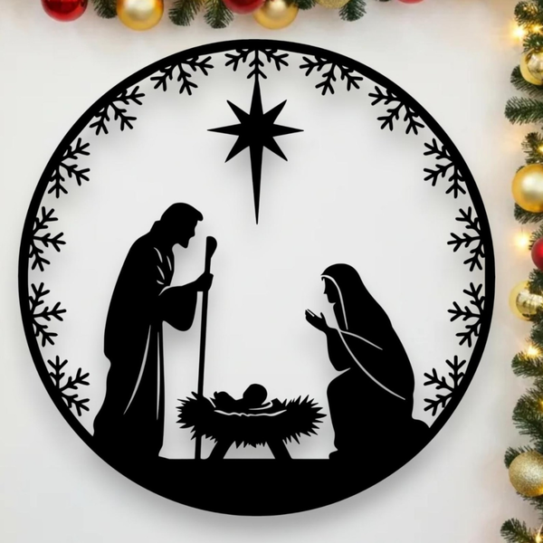 Minimalist Acrylic Round Nativity Scene Wall Art with Star & Wreath Frame