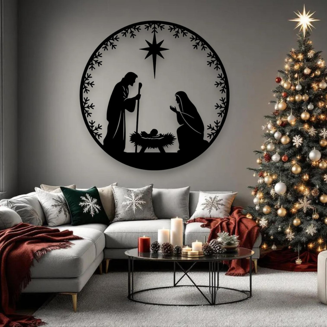 Living room with Christmas tree, nativity scene wall art, and cozy decor.