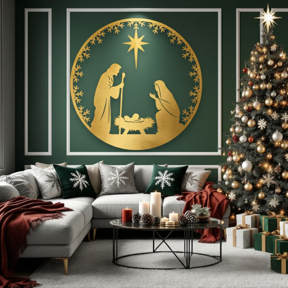 Living room decorated for Christmas with a nativity scene painting, tree, and gifts.