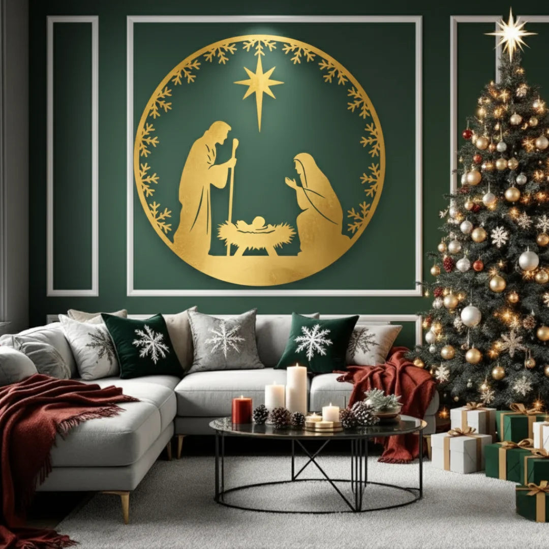 Acrylic Round Nativity Scene Wall Art Gold